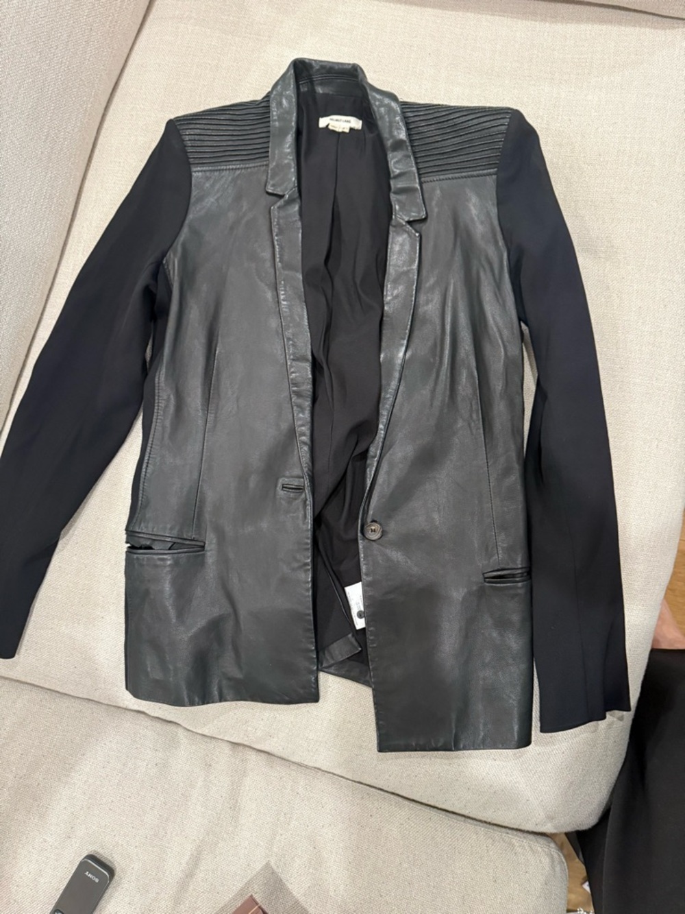 Black Mixed-Media Leather Blazer Jacket - Women
